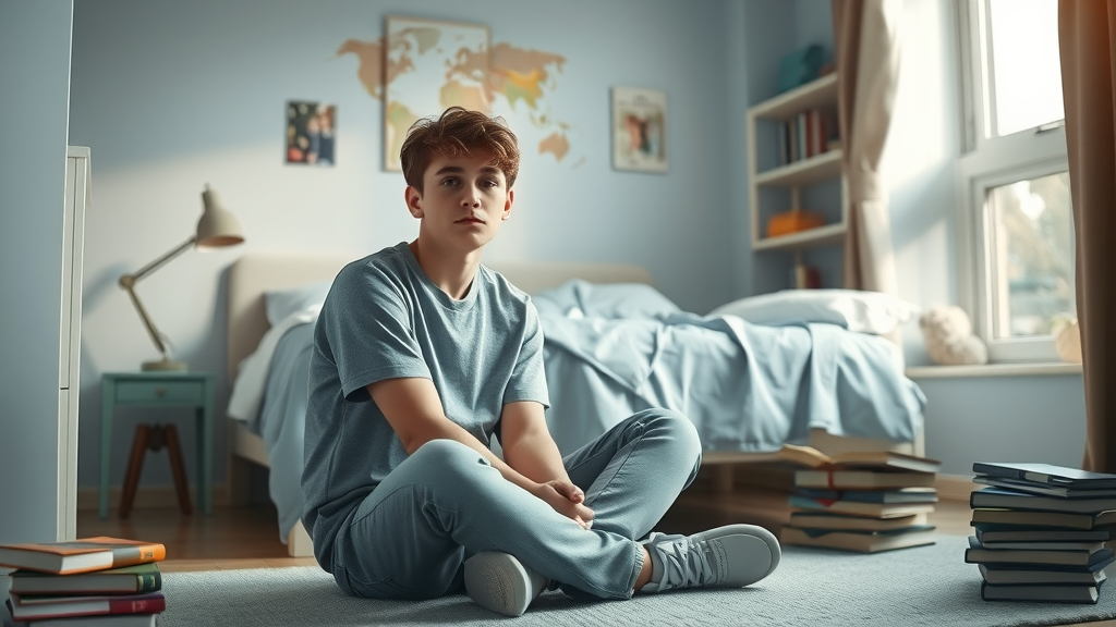 effects of authoritarian parenting: thoughtful teenager sitting alone in a modern, softly lit bedroom with scattered schoolbooks
