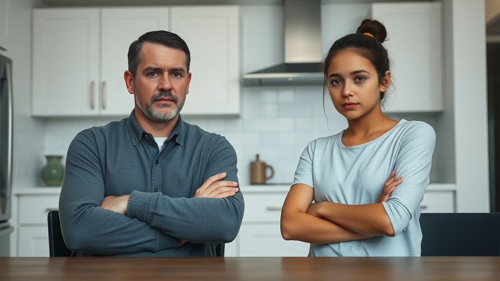 authoritarian parent and adolescent at table, cool minimalist kitchen; effects of authoritarian parenting visible in body language