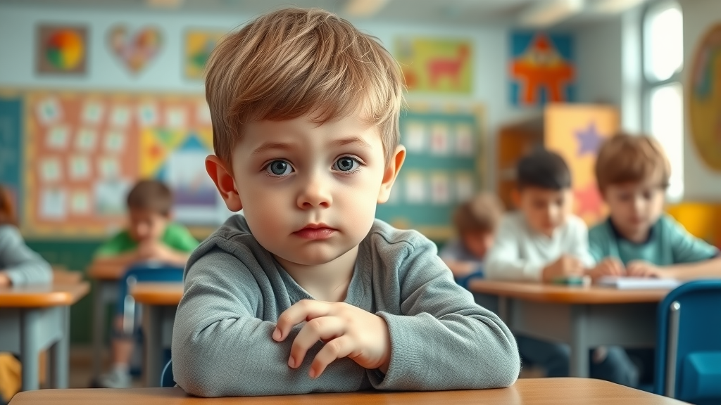 young child: negative effect of authoritarian parenting observed through subdued, anxious expression in a school classroom