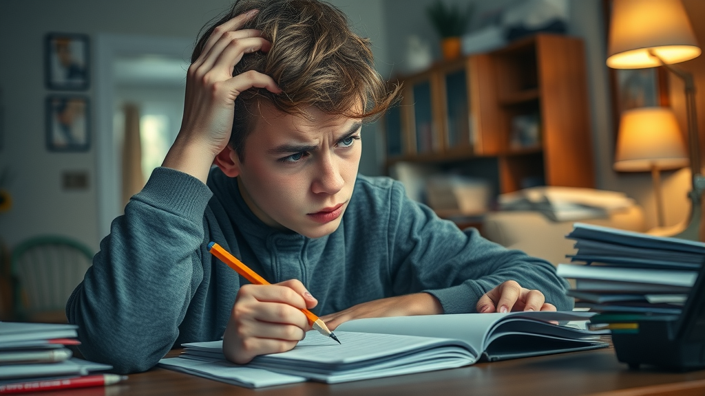 effects of authoritarian parenting: stressed teenager doing homework at a cluttered desk, showing frustration and tension