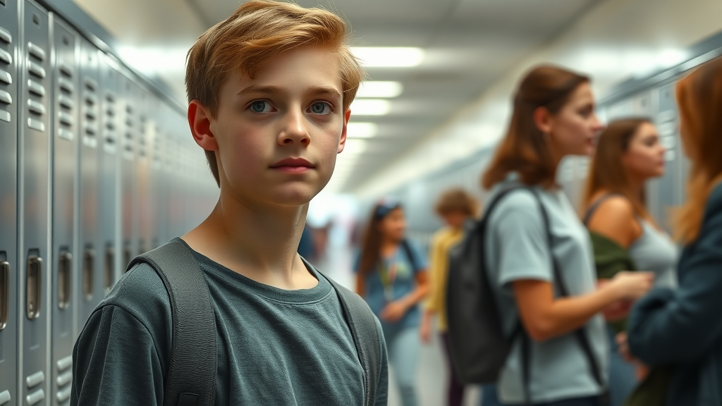 effects of authoritarian parenting: teen in school hallway, shy and withdrawn, observing social groups from the sidelines