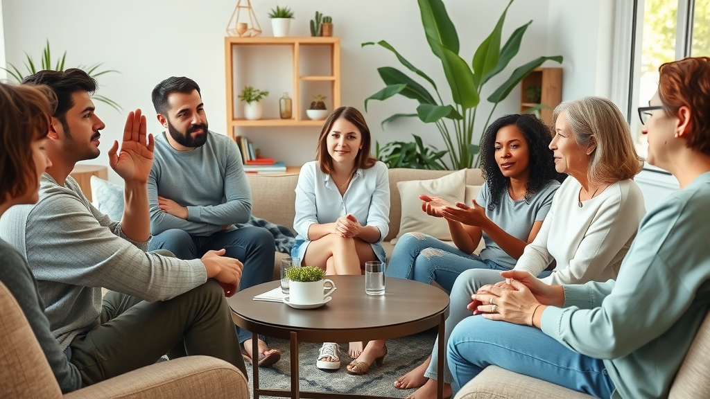 Societal debate: diverse group discussing parenting styles and effects of authoritarian parenting in a living room