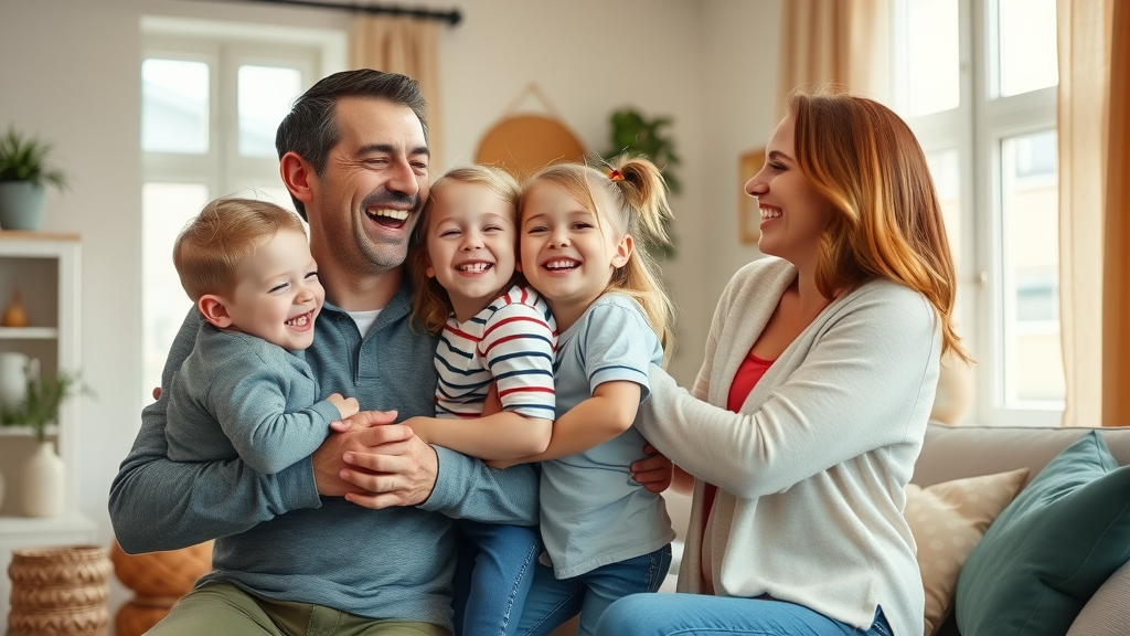 Positive parenting techniques family portrait, joyful parents and children in cozy living room