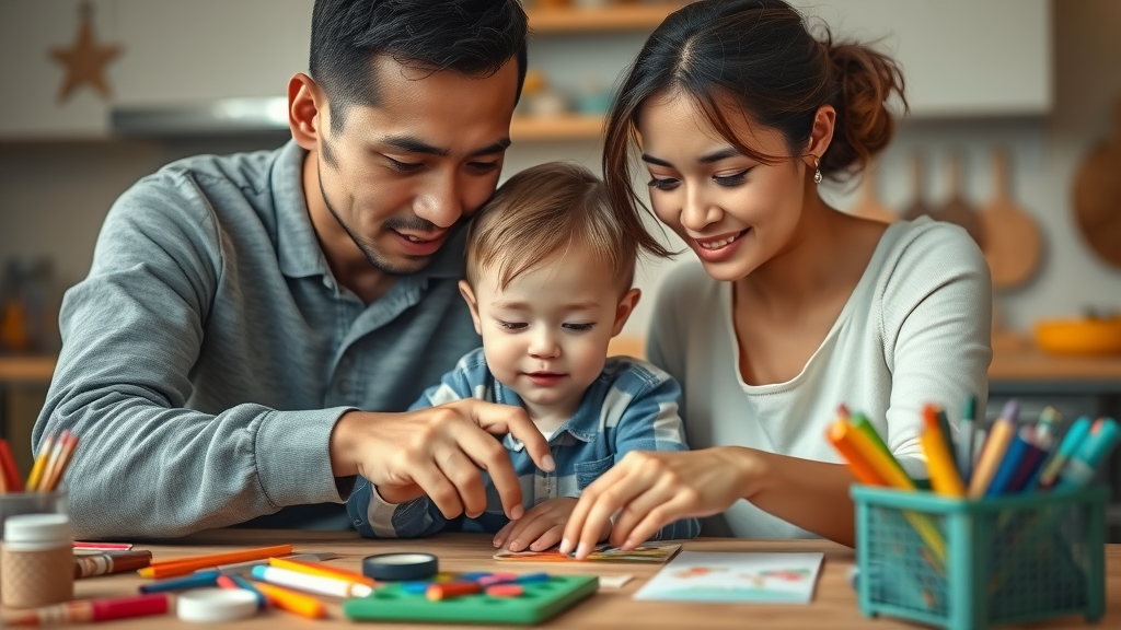 Engaged parents using positive parenting techniques to teach child at kitchen table