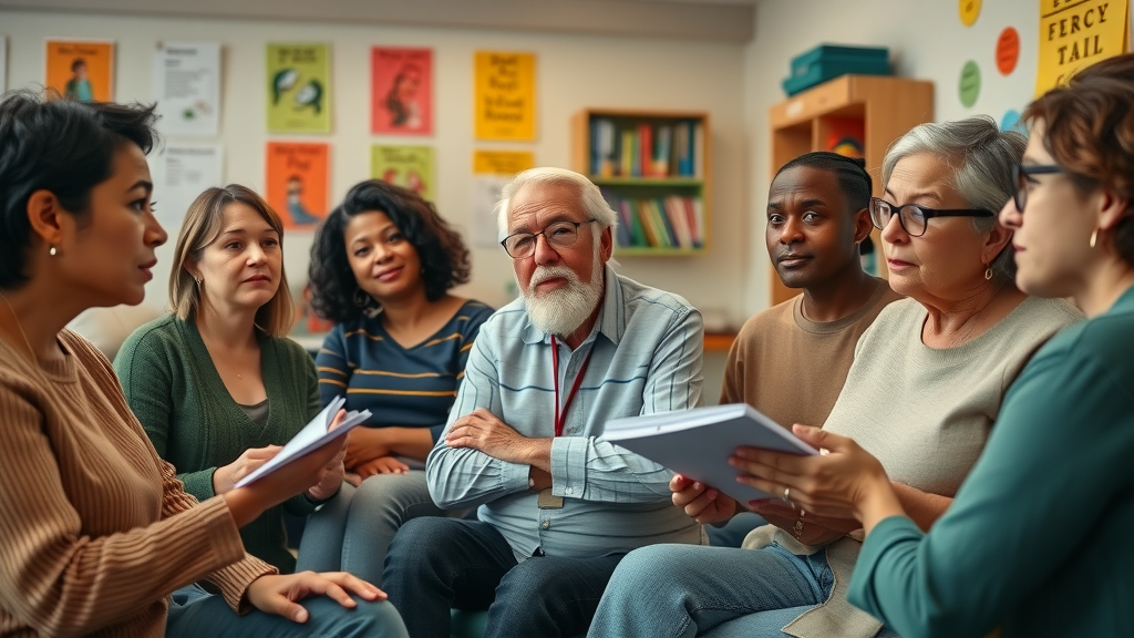 Diverse group of parents learning positive parenting techniques from expert