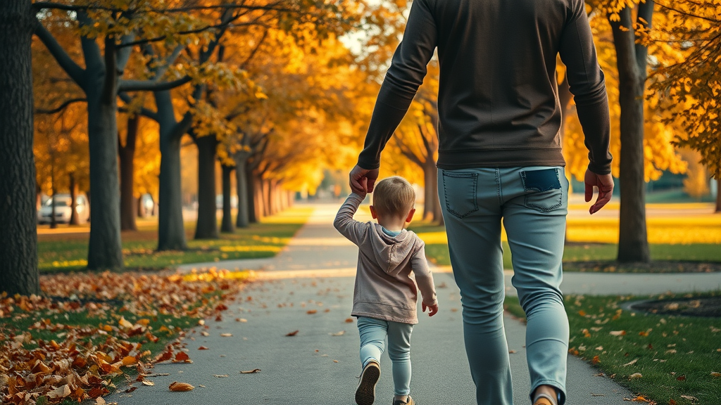 Positive parent as role model leading child along a park path