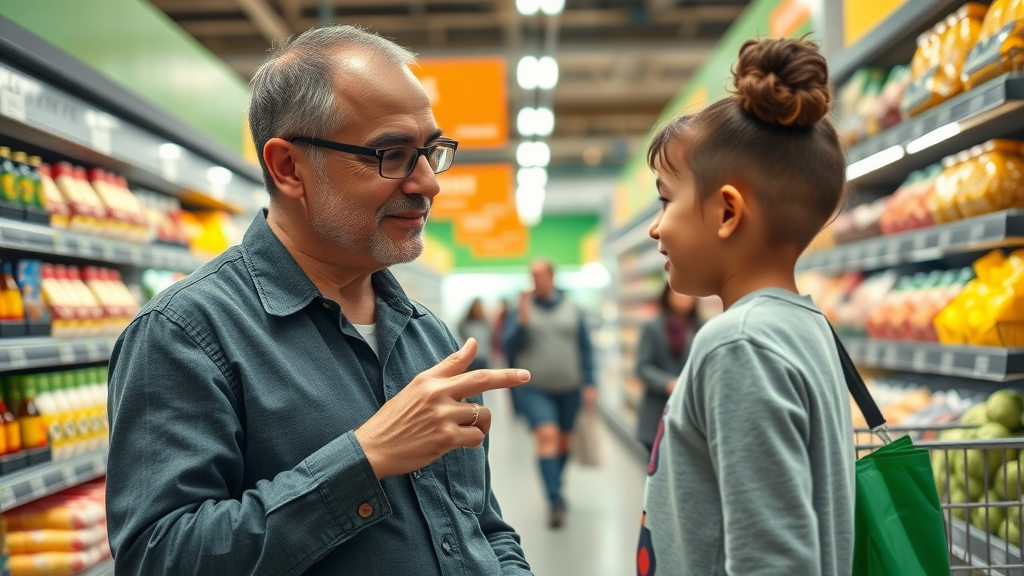 Parent calmly using positive parenting techniques with child in grocery store