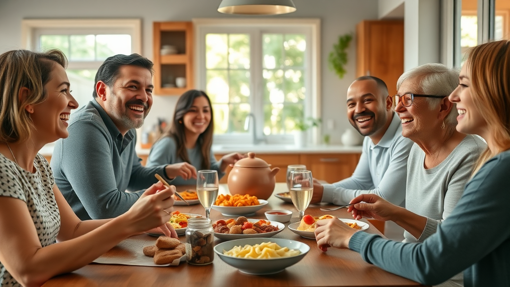 Joyful family using positive parenting techniques laughing around a dining table