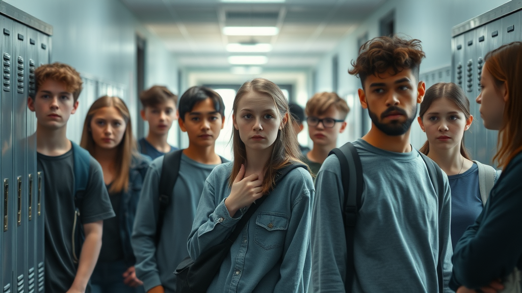 Group of diverse teenagers in a high school hallway showing withdrawn and anxious expressions—a visual reference for signs of teen substance abuse.