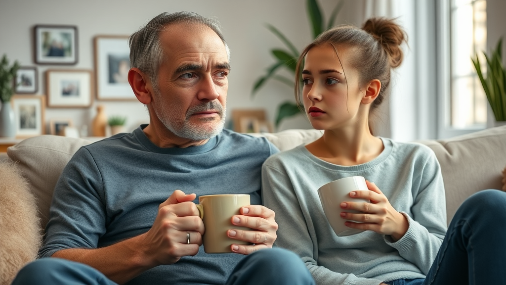 Worried parent with distressed teen discussing signs of substance abuse in a comfortable living room setting.