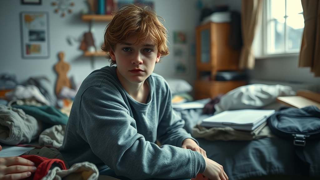 Teenager in a messy bedroom, appearing tired and disheveled, which illustrates key early warning signs of teen substance abuse.