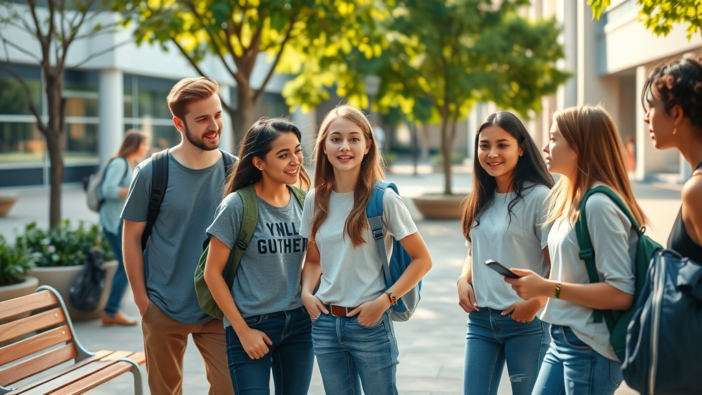 A diverse group of teenagers in a school courtyard showing signs of isolation—context for warning signs of teen substance abuse.