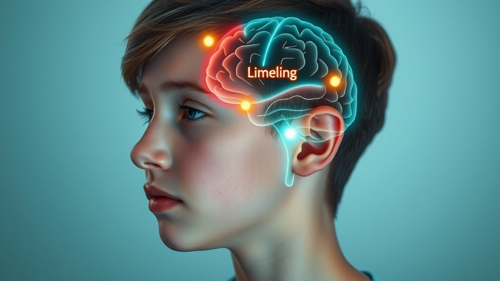 adolescent brain development illustration highlighting prefrontal cortex and limbic system, photorealistic medical image of thoughtful teen in profile