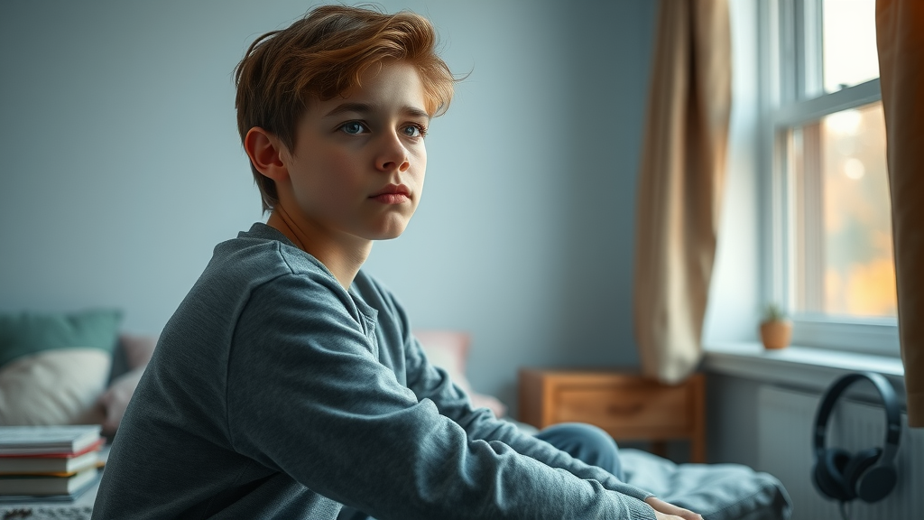 Reflective adolescent in softly lit bedroom, adolescent brain development impact of environment, photorealistic lifestyle