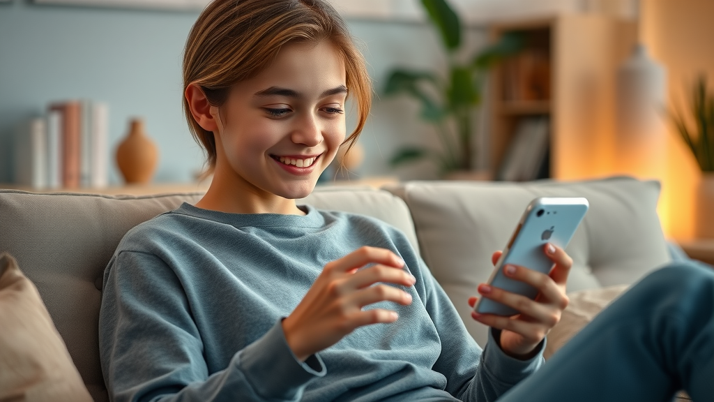 Modern teen using smartphone, adolescent brain development technology effects, photorealistic candid living room portrait