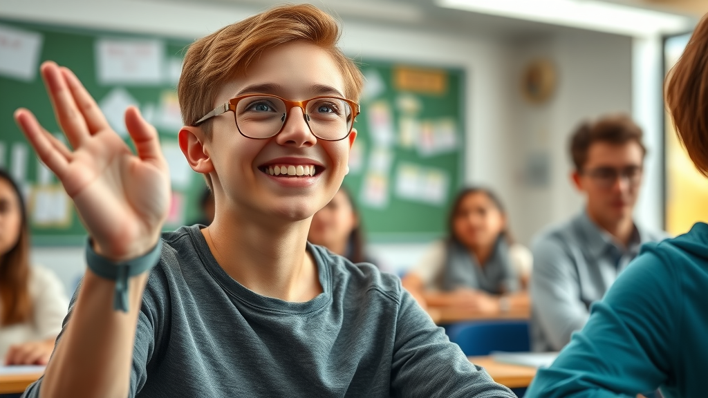 Focused energetic adolescent learning, classroom adolescent brain development, photorealistic modern school scene