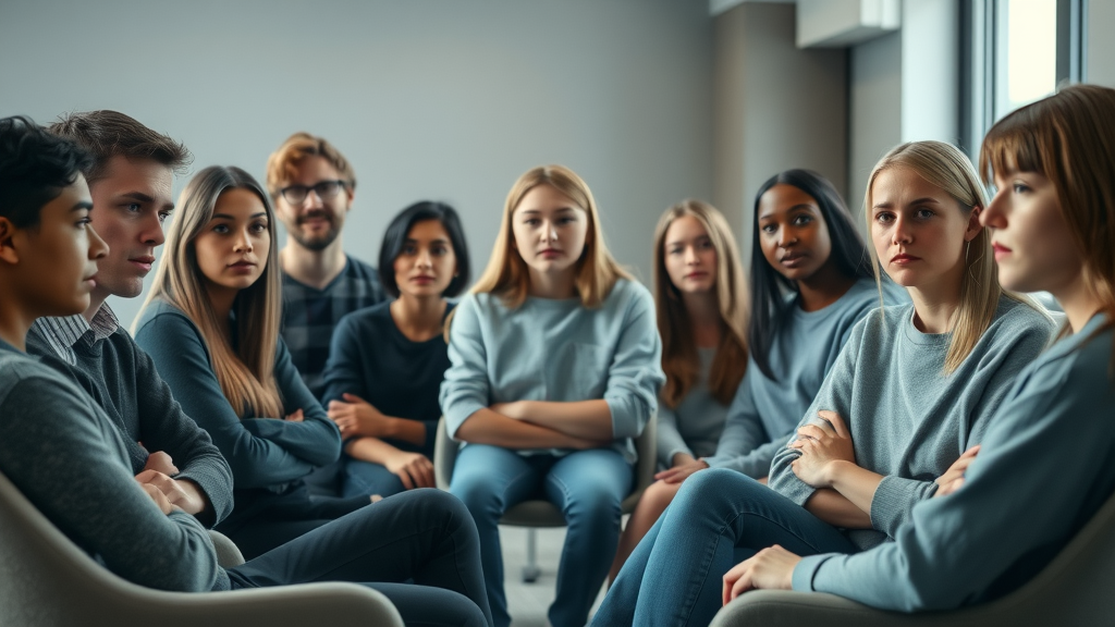 Somber group of teenagers showing signs of depression in a high school counseling room