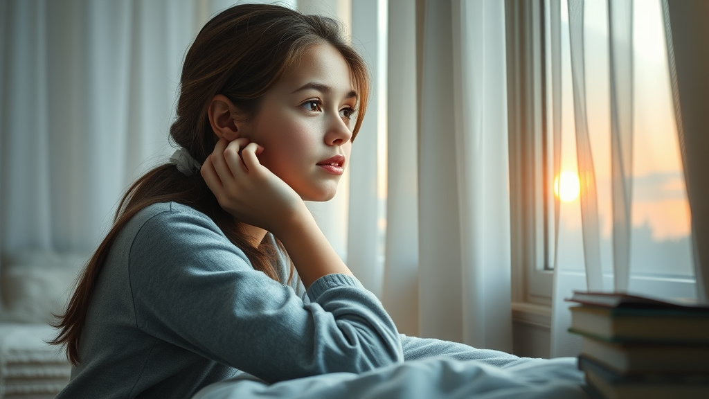 Wistful teenage girl displaying early symptoms of depression, sitting in her bedroom