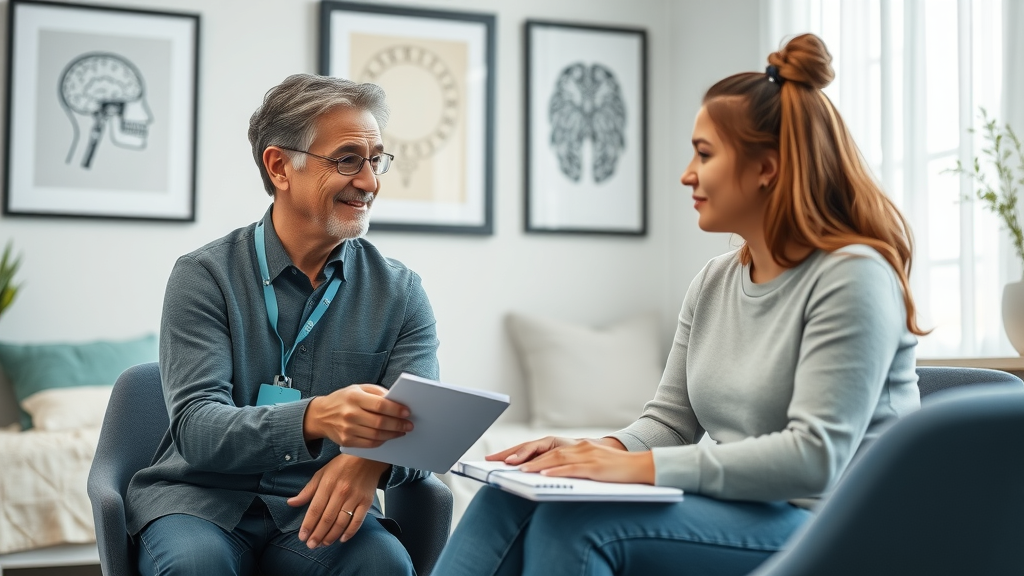 Youth mental health professional meeting with a depressed teen and parent to discuss diagnosis