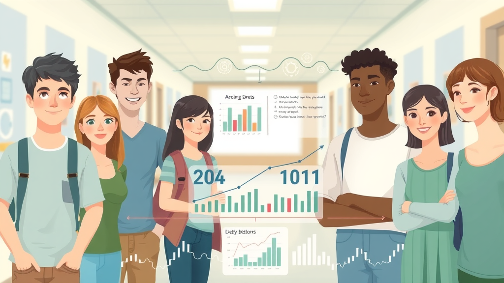 Infographic scene showing diverse teenagers, calm classroom, and stats on teen anxiety resources for parents in gentle pastel colors, bright daylight.