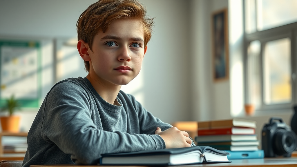 Concerned teen sits at a school desk, surrounded by books and a backpack, showing potential symptoms of anxiety disorders in a bright, welcoming classroom.