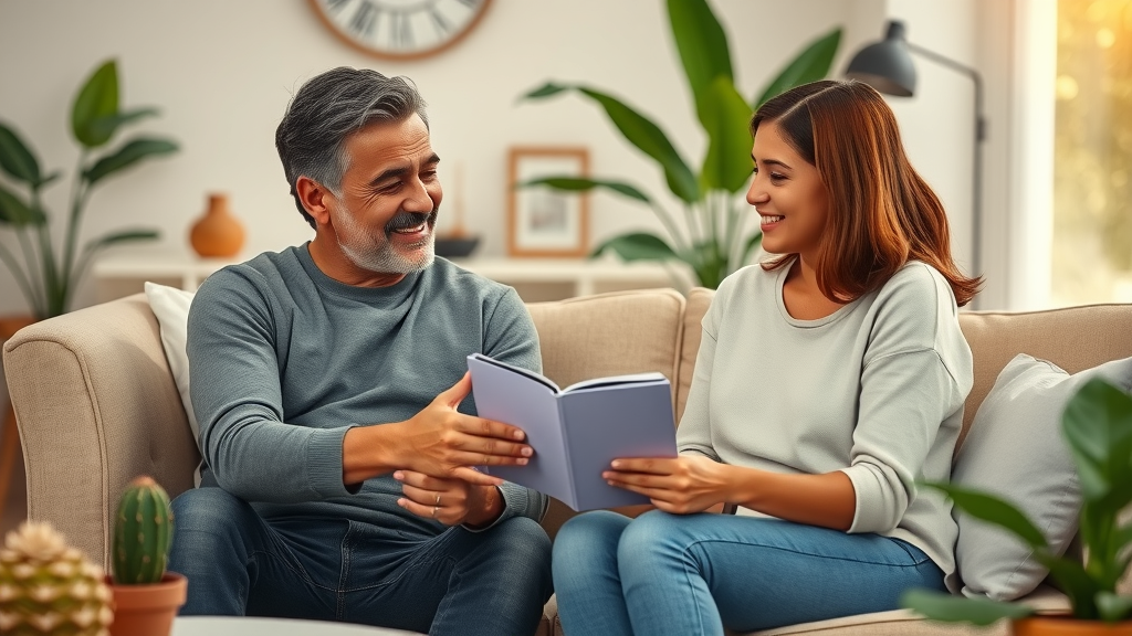 Parent and teen sharing supportive conversation in a cozy home, discussing practical strategies for managing anxiety, with warm lighting and comforting decor.