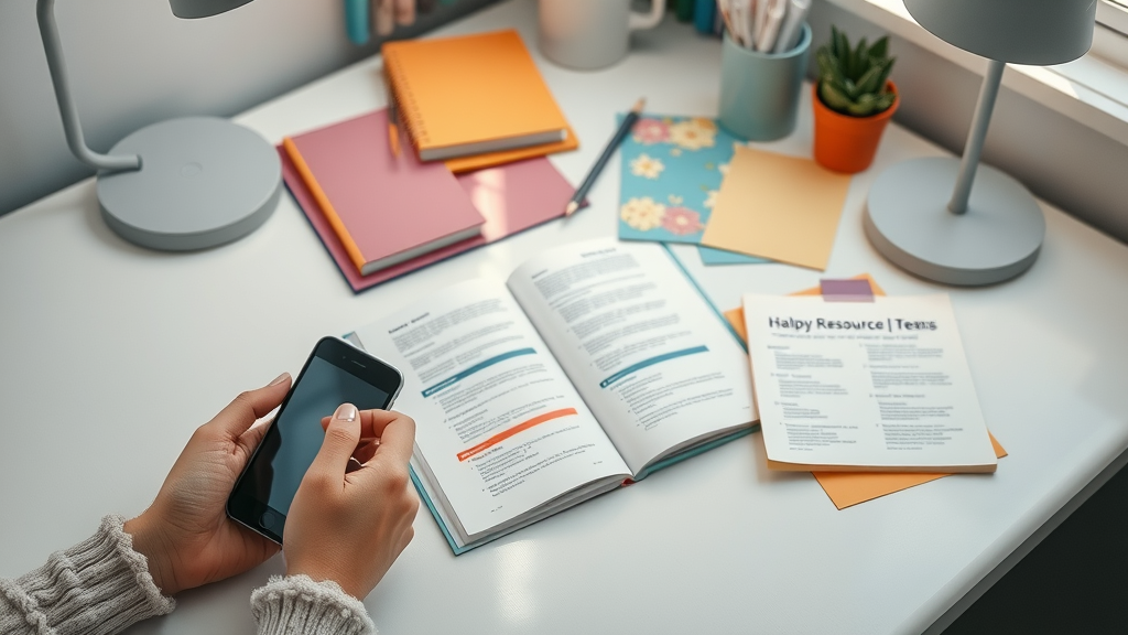 Collection of digital and print resources for mental health support, featuring a smartphone, book, and resource cards at a tidy teen study desk.