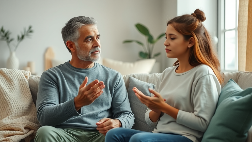 Parent guiding teen through breathing intervention for panic attack, in a soft family room, supporting anxiety management.