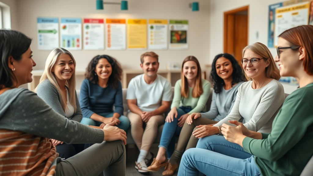 Diverse parents and teens engaged in a friendly support group circle, sharing experience and resources for managing teen anxiety.