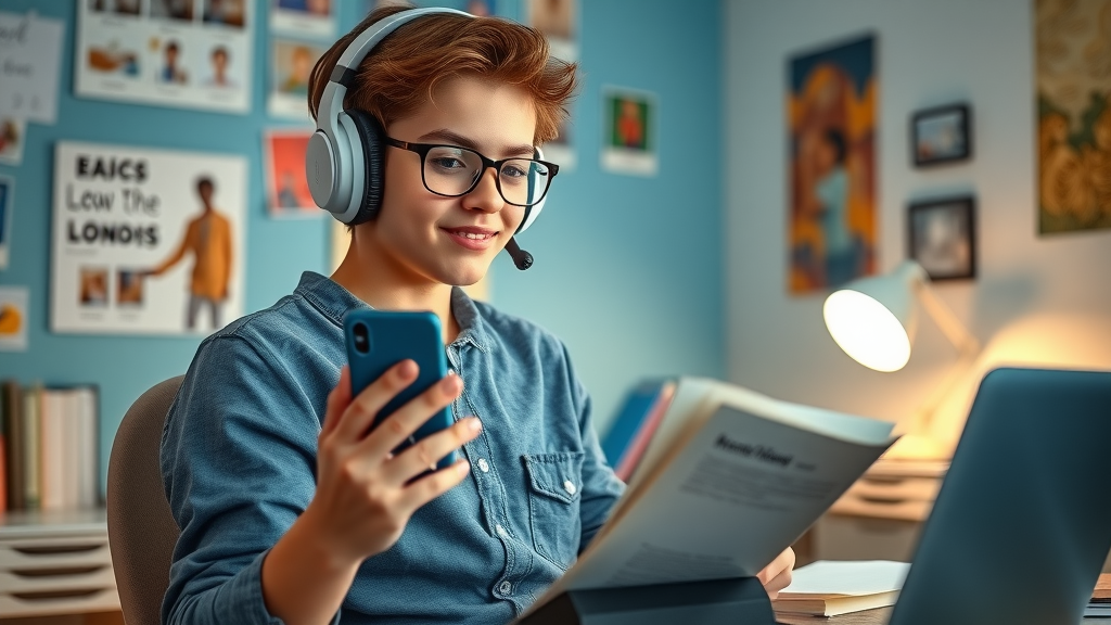 Confident teen using smartphone and headphones at study nook, taking charge of their mental health journey.
