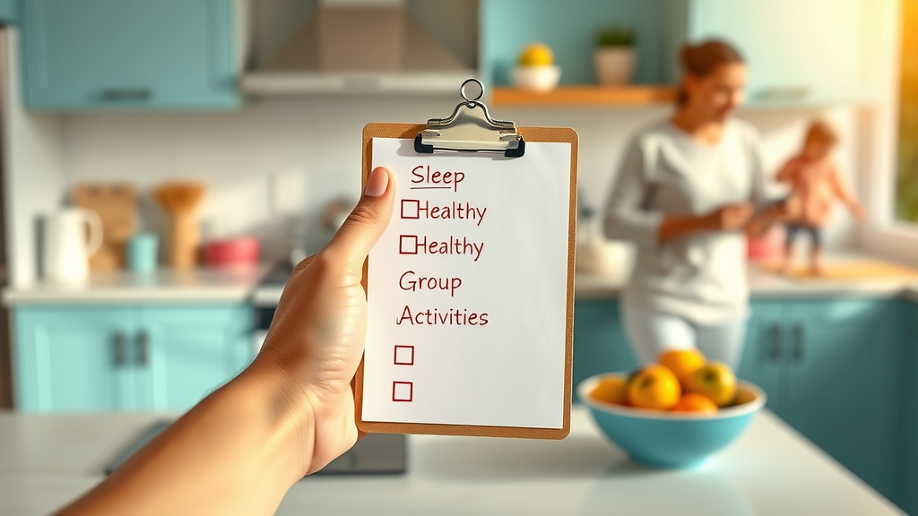 Checklist for addressing teen anxiety with family-focused icons on a bright kitchen counter, representing actionable steps for parents.
