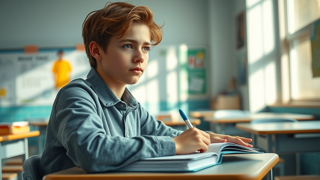 support teens with adhd academically: Thoughtful teenage student at a classroom desk focused on open workbook, calm classroom setting, photorealistic