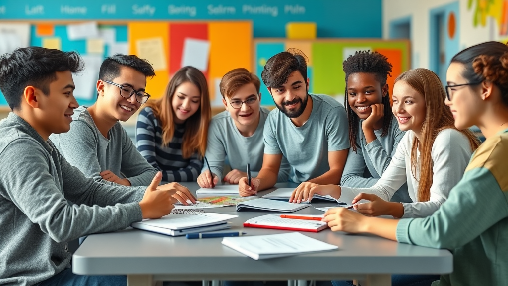 teens with adhd: Diverse group of teenagers collaborating on school projects at a classroom table, vibrant modern school environment, photorealistic