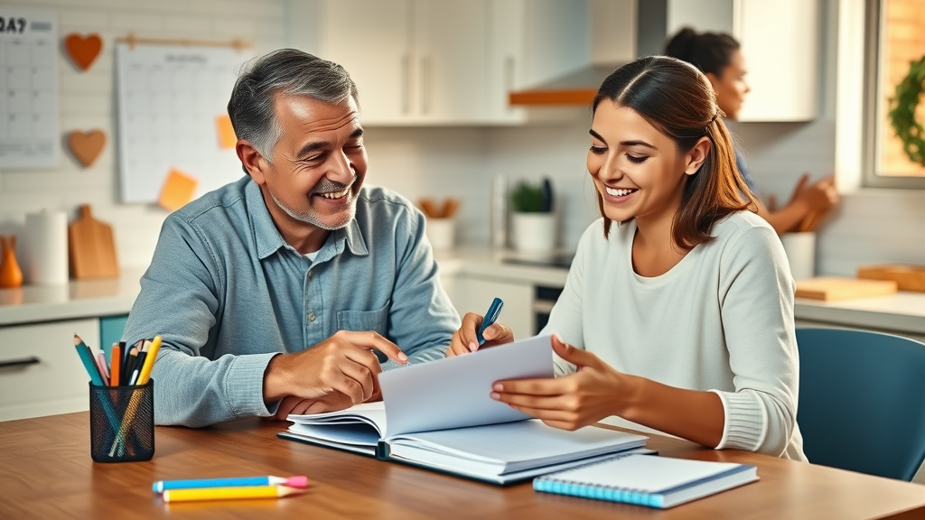 students with adhd: Parent and teen happily planning together using planners and sticky notes in organized kitchen, photorealistic