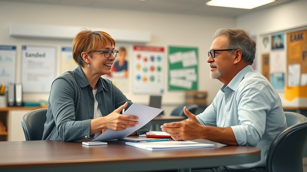 education services: Teacher and parent meeting in school office discussing education documents, photorealistic and collaborative