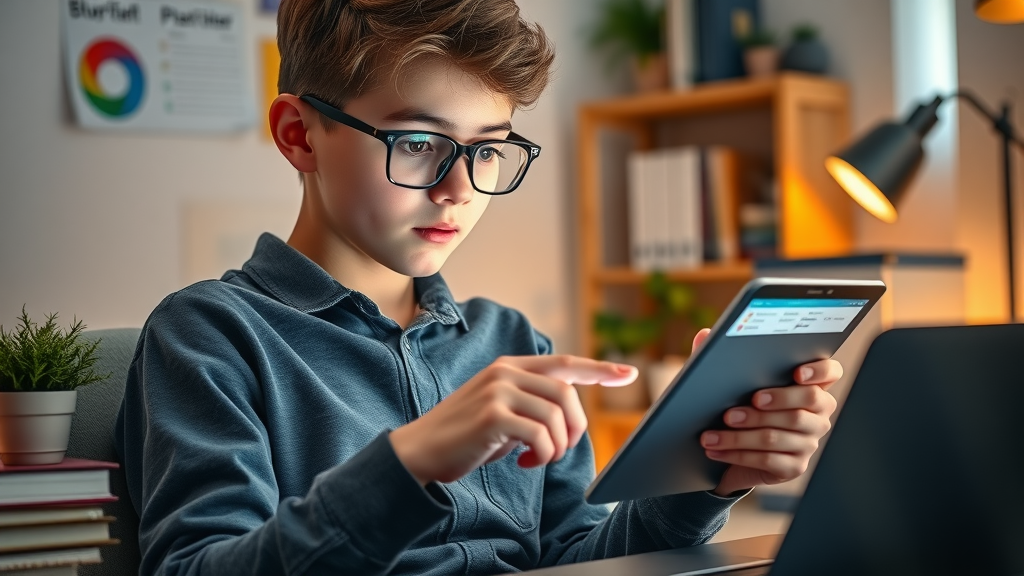 executive function: Teen using tablet with educational apps and planner, tidy study nook setting, photorealistic