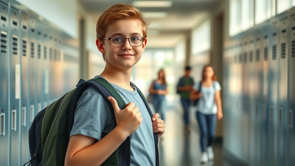 adolescents with adhd: Confident teen in school hallway with backpack looking ahead, natural afternoon light, photorealistic