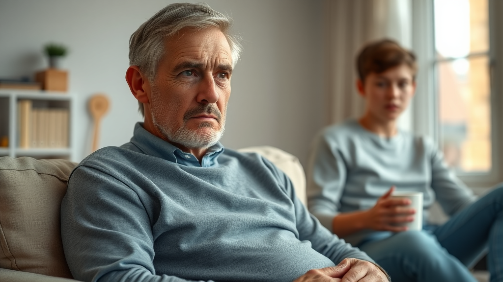 self-care tips for parents of teens - Concerned middle-aged parent gently supporting their teenager in a warmly lit family living room