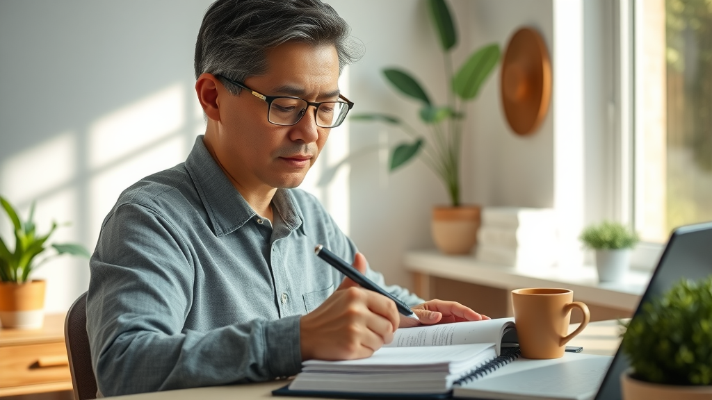 parenting teen - Thoughtful parent journaling for stress relief in a peaceful home office setting