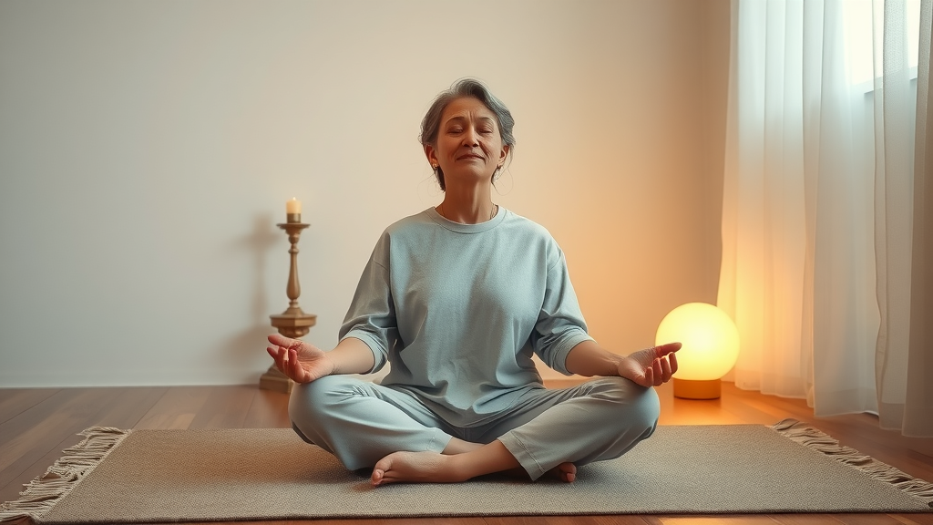 mental health - Serene parent meditating for stress relief in a peaceful, sunlit room