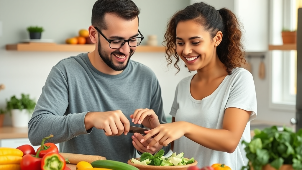 encourage your teen - Supportive parent and teen preparing healthy snacks, modeling positive self-care habits in the kitchen