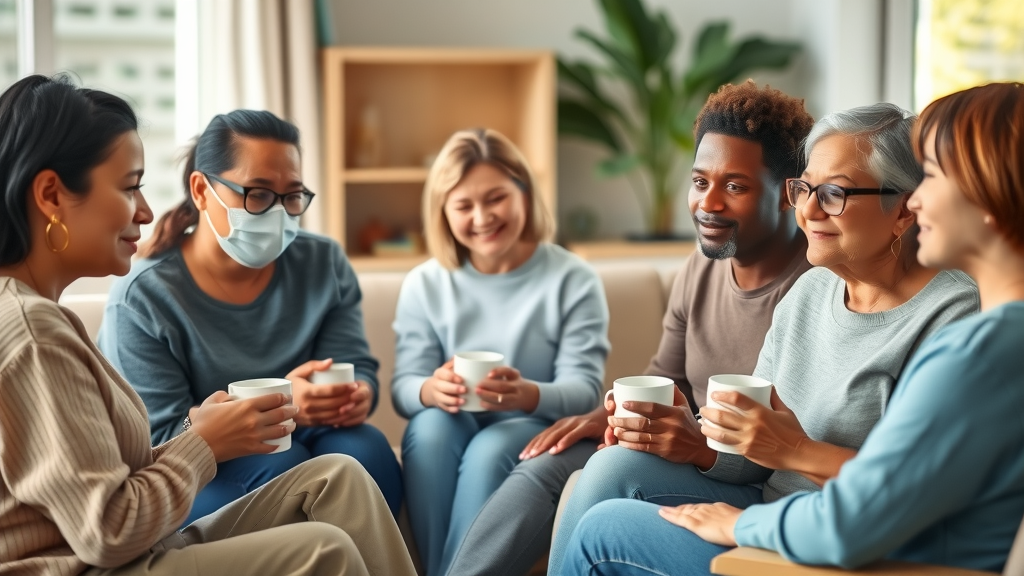 Parents of troubled teens finding comfort and hope in a warm, supportive group circle. Faces expressing relief, natural and relaxed setting, modern community room with natural lighting.