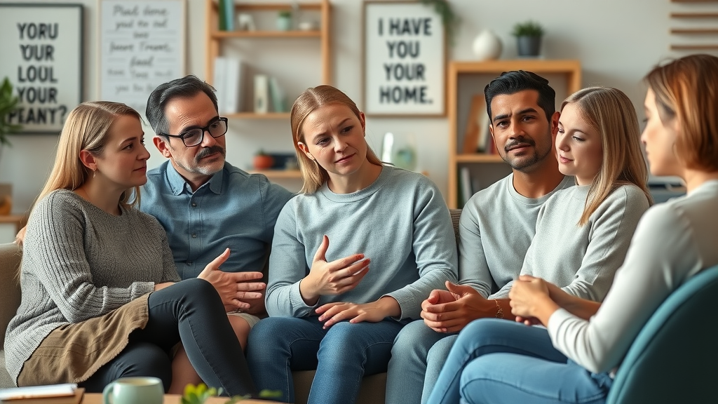 Anxious but hopeful parents talking with a counselor in a supportive family environment. Teen in the background, modern home office, faces thoughtful, supportive gestures.