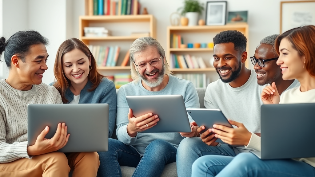 Friendly, diverse parents connecting in a virtual support group meeting, sharing parenting tips and mental health strategies on laptops, homey setting, natural gestures.