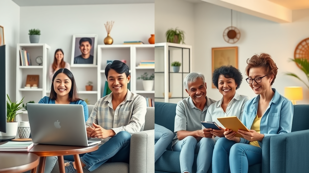 Side-by-side comparison of online and in-person support group meetings for parents of troubled teens. Parents connecting virtually and in a welcoming community center, attentive and engaged.