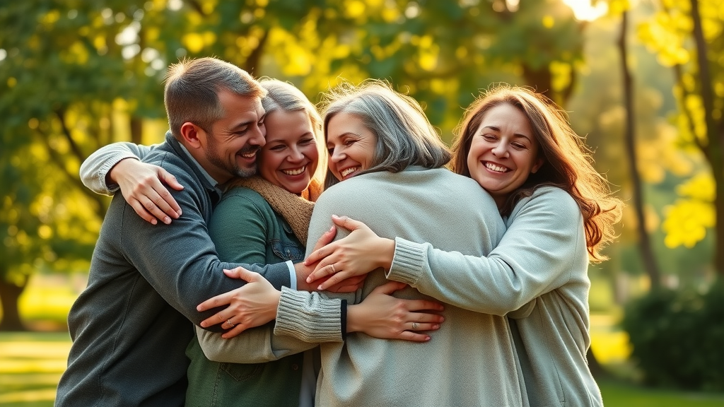 Happy family embracing in a leafy park, showing comfort, reassurance, and family support after joining a support group for parents of troubled teens.