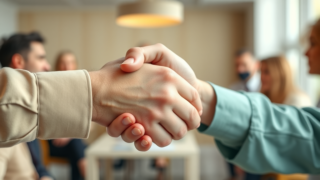 Closeup of a supportive handshake between two parents in a support group meeting, expressing encouragement and trust. Warm, softly-lit community setting.