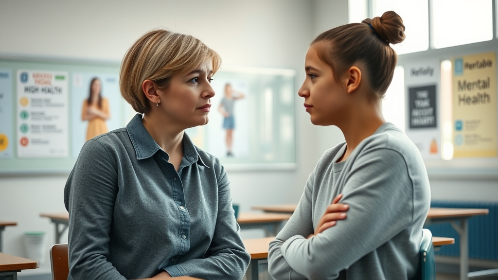 Supporting teenager with test anxiety in a caring high school classroom, supportive teacher providing reassurance and mental health resources