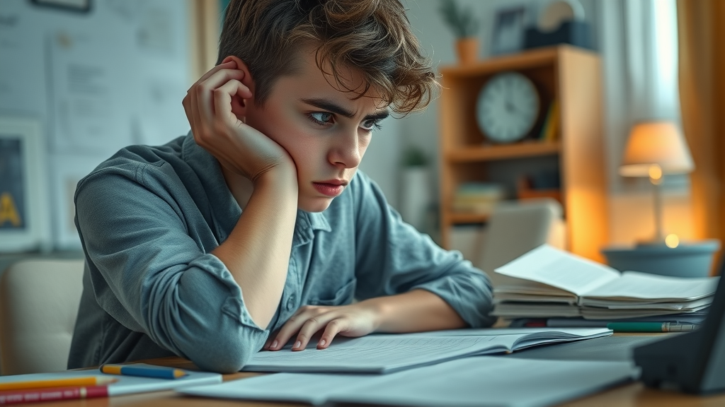 Concerned teenage student with test anxiety studying at home, showing anxiety symptoms, using effective coping skills