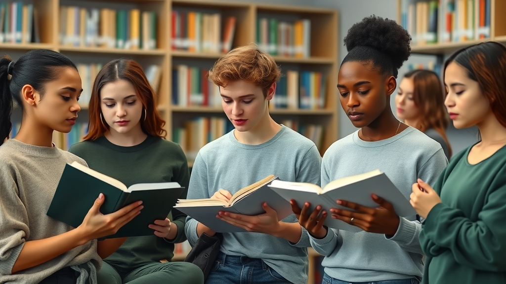 Motivated diverse teen group practicing mindfulness and studying together to manage test anxiety in high school library